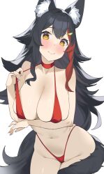 Rule 34 | 1girl, absurdres, animal ears, arm under breasts, bikini, black hair, blush, breasts, byeon dha, choker, hair ornament, hairclip, highres, hololive, large breasts, long hair, looking at viewer, micro bikini, multicolored hair, ookami mio, red bikini, red choker, sidelocks, solo, streaked hair, string pull, swimsuit, tail, tail around own leg, virtual youtuber, white background, wolf ears, wolf tail, yellow eyes