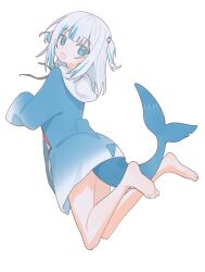 Rule 34 | 1girl, absurdres, barefoot, blue eyes, blue hair, fins, fish tail, from behind, full body, gawr gura, gawr gura (1st costume), highres, hololive, hololive english, hood, hoodie, kurobeko (kur0bek0), long sleeves, looking back, multicolored hair, open mouth, shark girl, shark tail, sleeves past fingers, sleeves past wrists, smile, solo, stitches, streaked hair, tail, two side up, virtual youtuber, white hair