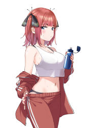 Rule 34 | 1girl, absurdres, armpit crease, bare shoulders, black panties, blue eyes, bottle, bra strap, breasts, cleavage, collarbone, crop top, crop top overhang, go-toubun no hanayome, hair ornament, highres, holding, jacket, large breasts, looking at viewer, midriff, nakano nino, navel, nonbire, off shoulder, panties, pants, red hair, shirt, short hair, sidelocks, simple background, sleeveless, sleeveless shirt, solo, standing, stomach, sweatdrop, tank top, track jacket, track pants, two side up, underwear, water bottle, white background, white shirt