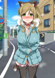 Rule 34 | 10s, 1girl, anal tail, animal collar, animal ears, asanagi, black thighhighs, blue coat, blue sky, blush, body heat, breasts, breath, brown hair, brown hairband, buckle, building, censored, character name, cleavage, closed mouth, cloud, coat, collar, collar tag, cowboy shot, day, dog ears, dog tags, dog tail, dot nose, exhibitionism, fake animal ears, fake tail, fang, fang out, female masturbation, green eyes, hair bobbles, hair ornament, hairband, heavy breathing, highres, house, inuyama aoi, large breasts, long hair, long sleeves, looking at viewer, masturbation, naked coat, name tag, no parking sign, nose blush, open clothes, open coat, outdoors, power lines, public indecency, public masturbation, public vibrator, remote control vibrator, road, road sign, sex toy, side ponytail, sign, skin fang, sky, sleeves past wrists, smile, solo, standing, street, tail, thick eyebrows, thighhighs, unbuttoned, utility pole, vibrator, vibrator cord, vibrator in thighhighs, window, yurucamp