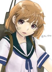 Rule 34 | 10s, 1girl, bandaid, bandaid on face, blue ribbon, brown eyes, fang, highres, kantai collection, light brown hair, machinery, nujima, oboro (kancolle), open mouth, ribbon, school uniform, serafuku, short hair, short sleeves, simple background, solo, turret, twitter username, upper body, white background