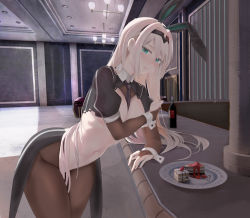 Rule 34 | 1girl, an-94 (girls&#039; frontline), animal ears, black pantyhose, blonde hair, blush, bottle, breasts, cleavage, covering nipples, covering privates, crossed arms, fake animal ears, girls&#039; frontline, green eyes, hairband, highres, jewelry, leotard, long hair, looking at viewer, meme attire, navel, necktie, open clothes, pantyhose, playboy bunny, rabbit ears, reverse bunnysuit, reverse outfit, ring, ru zhai, small breasts, solo