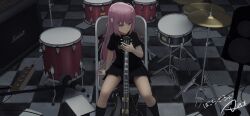 Rule 34 | 1girl, artist name, black shirt, black skirt, black socks, blue eyes, bocchi the rock!, cable, cable tie, chair, checkered floor, closed mouth, commentary request, cube hair ornament, drum, drum set, gotoh hitori, guitar, hair ornament, highres, holding, holding instrument, instrument, jax197, kneehighs, long hair, microphone, one side up, pink hair, shirt, short sleeves, signature, sitting, skirt, socks, solo, speaker, t-shirt, translation request, watermark
