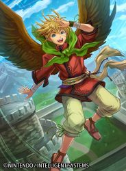 Rule 34 | 1boy, bandages, blonde hair, castle, company name, day, feathered wings, fire emblem, fire emblem: radiant dawn, fire emblem cipher, janaff, male focus, mountain, nekobayashi, nintendo, official art, open mouth, pointy ears, sandals, scar, sky, solo, sparkle, teeth, wings