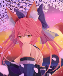 Rule 34 | 1girl, animal ear fluff, animal ears, bare shoulders, blue kimono, blue ribbon, bow, breasts, cherry blossoms, closed mouth, detached sleeves, fate/grand order, fate (series), fox ears, fox girl, fox tail, hair between eyes, hair bow, hair ribbon, highres, japanese clothes, kapi-san, kimono, large breasts, long hair, looking at viewer, looking to the side, pink hair, ribbon, smile, solo, split ponytail, tail, tamamo (fate), tamamo no mae (fate/extra), twilight, yellow eyes