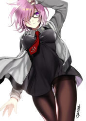Rule 34 | 1girl, artist name, bad id, bad pixiv id, black skirt, breasts, brown pantyhose, fate/grand order, fate (series), glasses, grey jacket, hair over one eye, hand up, impossible clothes, jacket, large breasts, mash kyrielight, pantyhose, purple eyes, red neckwear, short hair, skirt, solo, standing, wtnbmasato, zipper