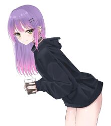Rule 34 | 1girl, barbell piercing, black choker, black hoodie, blush, breasts, choker, coffee, cup, dreamoon, drinking glass, ear piercing, green eyes, hair ornament, hairclip, highres, holding, holding cup, hololive, hood, hoodie, industrial piercing, leaning forward, light smile, long hair, looking at viewer, multicolored hair, piercing, pink hair, purple hair, sleeves past wrists, small breasts, solo, thighs, tokoyami towa, virtual youtuber