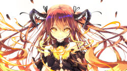 Rule 34 | + +, 1girl, absurdres, bare shoulders, black gloves, breasts, cross-shaped pupils, detached collar, detached sleeves, facial mark, fireball, gloves, hair ribbon, highres, horns, long hair, looking at viewer, namako (namacotan), original, red eyes, red hair, ribbon, simple background, small breasts, solo, symbol-shaped pupils, twintails, white background