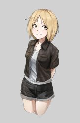 Rule 34 | 1girl, alternate costume, arms behind back, blonde hair, casual, girls&#039; frontline, grey background, highres, jacket, mp40 (girls&#039; frontline), shorts, smile, solo, triangle bullet, yellow eyes