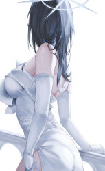 Rule 34 | 1girl, black hair, blue archive, blue hair, blue halo, breasts, dress, elbow gloves, from side, gloves, halo, highres, large breasts, moda (mo da 3), saori (blue archive), saori (dress) (blue archive), side slit, simple background, solo, strapless, strapless dress, upper body, white background, white dress, white gloves
