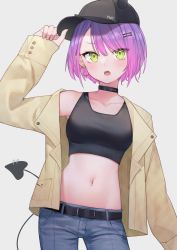 Rule 34 | 1girl, absurdres, arm up, baseball cap, black choker, black hat, blue pants, blush, breasts, choker, cowboy shot, crop top, demon tail, denim, earrings, eyes visible through hair, gradient hair, green eyes, hair ornament, hairclip, hand on headwear, hat, highres, hololive, hoop earrings, jacket, jewelry, looking at viewer, medium breasts, mr.lime, multicolored hair, navel, navel piercing, open clothes, open jacket, open mouth, pants, piercing, purple hair, short hair, sleeves past wrists, solo, standing, stomach, tail, tail ornament, tail piercing, tokoyami towa, virtual youtuber, yellow jacket