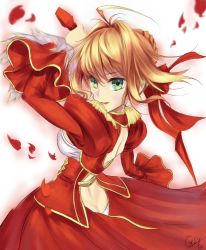 Rule 34 | 10s, 1girl, ahoge, ass, bad id, bad pixiv id, blonde hair, breasts, butt crack, fate/extra, fate (series), green eyes, hair ribbon, holding, long hair, nero claudius (fate), nero claudius (fate), nero claudius (fate/extra), qingchen (694757286), red eyes, red ribbon, ribbon, short hair, signature, solo