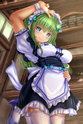 Rule 34 | 1girl, alternate costume, apron, arm up, black dress, blue eyes, blue footwear, blurry, blurry background, blush, bow, breasts, closed mouth, commentary request, depth of field, dress, english text, enmaided, frilled apron, frilled dress, frilled sleeves, frills, green hair, hand on own hip, high heels, highres, indoors, kochiya sanae, large bow, leg up, lips, long hair, looking at viewer, maid, maid headdress, medium breasts, partial commentary, short dress, shounen (hogehoge), smile, solo, standing, standing on one leg, thighhighs, touhou, w, waist apron, white apron, white bow, white thighhighs