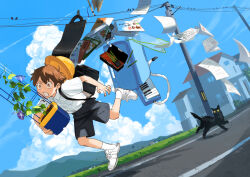 Rule 34 | 1boy, aircraft, airplane, artist name, backpack, bag, bird, black bag, black cat, black shorts, blue sky, brown hair, cat, cloud, collared shirt, commentary, contrail, cumulonimbus cloud, dutch angle, floating, floating object, flower, flower pot, flying paper, full body, grass, hat, highres, holding, holding flower pot, house, instrument, jet, keyboard (instrument), melodica, midair, mountainous horizon, open mouth, orange eyes, original, outdoors, paper, pencil case, plant, potted plant, power lines, purple flower, randoseru, scenery, school hat, shirt, shirt tucked in, shoes, short hair, short sleeves, shorts, sky, solo, su ke234, surprised, academic test, test score, textbook, tripping, utility pole, v-shaped eyebrows, white footwear, white shirt, wide-eyed, wide shot