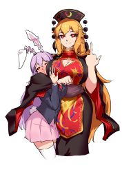 Rule 34 | 2girls, animal ears, blazer, blonde hair, blood, blush, breasts, cheek press, chinese clothes, choke hold, cleavage, cleavage cutout, closed mouth, clothing cutout, cropped legs, dress, hair between eyes, highres, hug, jacket, junko (touhou), large breasts, load lawer, long hair, looking at viewer, medium breasts, middle finger, multiple girls, necktie, nosebleed, one eye closed, orange hair, purple hair, rabbit ears, rabbit tail, red eyes, red necktie, reisen udongein inaba, skindentation, skirt, smile, strangling, tail, thighhighs, touhou, very long hair, white background, wide sleeves, zettai ryouiki