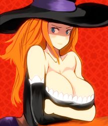 Rule 34 | 1girl, bare shoulders, blue eyes, breasts, cleavage, detached sleeves, dragon&#039;s crown, dress, female focus, hat, large breasts, long hair, no nose, orange hair, solo, sorceress (dragon&#039;s crown), strapless, strapless dress, tako (00303780), witch hat
