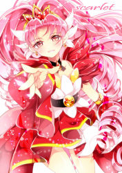 Rule 34 | 1girl, akagi towa, ayumaru (art of life), belt, choker, cowboy shot, cure scarlet, detached sleeves, earrings, go! princess precure, highres, jewelry, long hair, magical girl, outstretched hand, pink eyes, pink hair, pointy ears, precure, red skirt, skirt, smile, solo, white background
