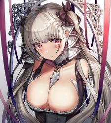 Rule 34 | 1girl, azur lane, bare shoulders, between breasts, black bow, black dress, bow, breasts, cleavage, closed mouth, collarbone, dakunesu, detached collar, dress, earrings, formidable (azur lane), frilled dress, frills, gradient background, hair bow, highres, jewelry, large breasts, long hair, long sleeves, looking at viewer, red eyes, red ribbon, ribbon, silver hair, solo, twintails, upper body