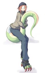 Rule 34 | 1girl, 4138, claws, dragon tail, female focus, full body, hair ornament, hairclip, hat, highres, monster girl, original, simple background, sitting, solo, sweater, tail, hugging tail, white background, winter clothes, yellow eyes