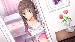 Rule 34 | 1girl, agnamore, bad id, bad pixiv id, bare shoulders, bed, blush, brown hair, chair, closed mouth, collarbone, commentary request, crescent, crescent hair ornament, flower, gradient hair, hair ornament, hairclip, indoors, korean commentary, light smile, long hair, long sleeves, looking at viewer, multicolored hair, off shoulder, pink hair, purple eyes, red flower, red rose, rose, shirt, sleeves past wrists, solo, transparent, vase, very long hair, white shirt