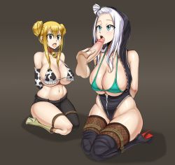 Rule 34 | 1boy, 2girls, absurdres, bdsm, bikini, blonde hair, bodysuit, bondage, boots, bound, breasts, cow girl, cum, cum in mouth, enenra, fairy tail, fellatio, highres, large breasts, lucy heartfilia, mirajane strauss, multiple girls, open mouth, oral, submission, swimsuit, tagme, uncensored, white hair