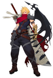 Rule 34 | 1990s (style), 1boy, alternate costume, bandages, blonde hair, cape, cloud strife, demon wings, diaodiao, final fantasy, final fantasy vii, gauntlets, highres, huge weapon, kingdom hearts, male focus, single wing, solo, weapon, wings