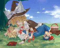 Rule 34 | 2girls, 4girls, alice margatroid, apron, ascot, bad id, bad pixiv id, basket, blonde hair, blue eyes, blue sky, blush, book, bow, braid, capelet, cloud, couple, cross-laced footwear, day, closed eyes, grass, grimoire, hair bow, hairband, hand on another&#039;s cheek, hand on another&#039;s face, hat, highres, hourai doll, imminent kiss, kirisame marisa, long hair, lying, meng ziya, multiple girls, on back, open mouth, outdoors, sash, shanghai doll, shoes, short hair, side braid, sky, sleeping, touhou, tree, waist apron, witch hat, wrist cuffs, yellow eyes, yuri