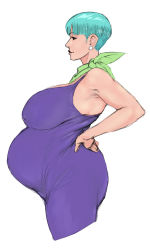 Rule 34 | 1girl, armpits, bare arms, breasts, bulma, covered erect nipples, cropped legs, dragon ball, dragon ball super, dragonball z, dress, earrings, female focus, from side, green hair, highres, huge breasts, jewelry, legs, light smile, looking away, mature female, pregnant, purple dress, scarf, short hair, sideboob, simple background, sleeveless, smile, solo, standing, thighs, ultivlad, white background
