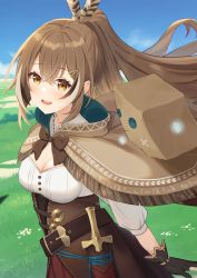 Rule 34 | 1girl, belt, blue sky, blush, bow, breasts, brown belt, brown bow, brown cloak, brown corset, brown eyes, brown gloves, brown hair, cleavage, cloak, cloud, commentary, corset, dagger, english commentary, feather hair ornament, feathers, friend (nanashi mumei), gloves, hair ornament, hairclip, hieroglyphics, highres, hololive, hololive english, hood, hooded cloak, knife, landscape, long hair, medium breasts, mirai (mirai76 ), multicolored hair, nanashi mumei, partially fingerless gloves, ponytail, runes, sheath, sheathed, shirt, sky, smile, streaked hair, twitter username, very long hair, virtual youtuber, weapon, white shirt