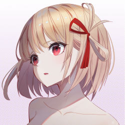 Rule 34 | 1girl, absurdres, blonde hair, collarbone, commentary request, f20 (user svag4353), gradient background, hair ribbon, highres, lycoris recoil, nishikigi chisato, nude, parted lips, polka dot, polka dot background, portrait, red eyes, red ribbon, ribbon, short hair, solo