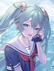 Rule 34 | 1girl, :d, absurdres, anchor hair ornament, aqua eyes, aqua hair, aqua nails, blue shirt, blush, collarbone, commentary request, day, earrings, from side, funade no mae no one day trip (project sekai), gloves, hair between eyes, hair ornament, hand up, hatsune miku, highres, jewelry, lens flare, lifebuoy hair ornament, long hair, looking at viewer, medal, nail polish, neckerchief, ocean, open mouth, outdoors, red neckerchief, sailor collar, school uniform, serafuku, shirt, short sleeves, sidelocks, smile, solo, sweat, twintails, unworn gloves, upper body, vocaloid, vs0mr, white sailor collar, wiping face