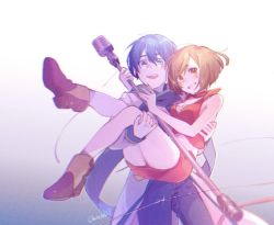 Rule 34 | 1boy, 1girl, bare arms, blue eyes, blue hair, blue nails, blue scarf, boots, brown eyes, brown footwear, brown hair, carrying, choker, coat, commentary, cowboy shot, cropped jacket, grin, holding, holding microphone stand, jacket, kaito (vocaloid), kaito (vocaloid3), looking at viewer, meiko (vocaloid), meiko (vocaloid3), mi no take, microphone, microphone stand, midriff, miniskirt, nail polish, open mouth, princess carry, red jacket, red nails, red skirt, scarf, short hair, skirt, sleeveless, sleeveless jacket, smile, standing, twitter username, vocaloid, white coat