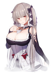 Rule 34 | 1girl, absurdres, azur lane, bare shoulders, between breasts, black dress, blush, breasts, cleavage, clothes tug, dress, earrings, formidable (azur lane), frilled dress, frills, grey hair, hair ornament, hair ribbon, highres, jewelry, large breasts, long hair, long sleeves, looking at viewer, pnatsu, red eyes, ribbon, sidelocks, simple background, solo, twintails, white background