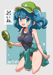 Rule 34 | 1girl, black tank top, blue eyes, blue hair, breasts, collarbone, cropped legs, electric fan, feet out of frame, flat cap, green hat, hair bobbles, hair ornament, handheld electric fan, hat, highres, holding, kawashiro nitori, key, looking at viewer, medium breasts, medium hair, solo, speech bubble, tank top, touhou, translated, two side up, uisu (noguchipint)