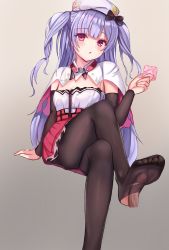 Rule 34 | 1girl, ajax (azur lane), azur lane, beret, black legwear, blush, condom, condom wrapper, feet, footjob, hat, highres, crossed legs, long hair, looking at viewer, no shoes, open mouth, penis, penis under another&#039;s clothes, purple eyes, red skirt, simple background, sitting, skirt, soles, solo focus, suangyue qiuhua, torn clothes, torn legwear, uncensored