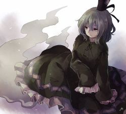 Rule 34 | 1girl, black hat, black ribbon, commentary, dress, frilled dress, frills, full body, ghost tail, green dress, green eyes, grey hair, hair between eyes, hat, hat ribbon, long sleeves, m (neteitai10), multiple tails, neck ribbon, ofuda, ofuda on clothes, one-hour drawing challenge, ribbon, short hair, signature, sleeves past fingers, sleeves past wrists, smile, soga no tojiko, solo, tail, tate eboshi, touhou, two tails, wide sleeves