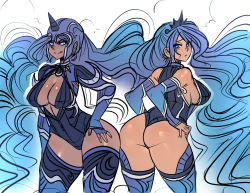 Rule 34 | 2girls, :q, ass, ass-to-ass, bare shoulders, blue eyes, blue hair, breasts, cleavage cutout, clothing cutout, crown, curvy, dark-skinned female, dark persona, dark skin, detached sleeves, dual persona, elbow gloves, fake horns, fingerless gloves, gloves, hand on own hip, helmet, horned helmet, horns, large breasts, leotard, licking lips, long hair, luna (my little pony), maniacpaint, multiple girls, my little pony, my little pony: friendship is magic, nightmare moon, personification, sideboob, single horn, thick thighs, thighhighs, thighs, thong leotard, tongue, tongue out, very long hair
