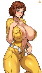 Rule 34 | 1girl, absurdres, april o&#039;neil, areola slip, artist name, belt, blush, breasts, brown hair, cleavage, cleft of venus, closed mouth, collarbone, collared jumpsuit, cowboy shot, curvy, feet out of frame, female focus, grey background, groin, highres, huge breasts, jmg, jumpsuit, lips, looking at viewer, navel, nipple slip, nipples, no bra, open clothes, open jumpsuit, short hair, smile, solo, standing, teenage mutant ninja turtles, thick thighs, thighs, transparent background, unbuckled, veins, veiny breasts, white belt, wide hips, yellow jumpsuit