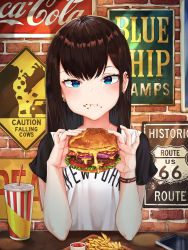 Rule 34 | 1girl, absurdres, black hair, blue eyes, blush, brick, burger, cafeteria, cellphone, cup, earrings, eating, food, food on face, french fries, highres, honoe, jewelry, ketchup, looking at viewer, original, phone, raglan sleeves, shirt, solo, t-shirt