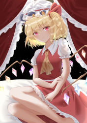 Rule 34 | 1girl, absurdres, anima miko, ascot, barefoot, bed, black background, blonde hair, blurry, blush, bow, breasts, canopy bed, closed mouth, crystal, curtains, depth of field, feet out of frame, flandre scarlet, hair between eyes, hair bow, hat, highres, light smile, looking at viewer, mob cap, on bed, one side up, petticoat, puffy short sleeves, puffy sleeves, red bow, red eyes, red skirt, red vest, short sleeves, simple background, sitting, skirt, small breasts, solo, touhou, vest, white hat, wings, yellow ascot, yokozuwari