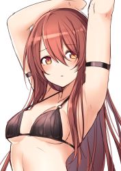 Rule 34 | 1girl, absurdres, armband, armpits, arms up, bikini, bikini top only, blush, breasts, brown eyes, brown hair, commentary, highres, hiraga matsuri, idolmaster, idolmaster shiny colors, long hair, looking at viewer, looking to the side, medium breasts, navel, osaki tenka, parted lips, presenting armpit, sideboob, simple background, solo, swimsuit, upper body, white background