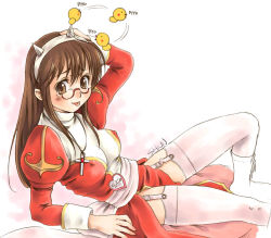 Rule 34 | 1girl, arm support, blush, breasts, brown eyes, brown hair, covered erect nipples, cross, cross necklace, embarrassed, garter belt, glasses, hand on own head, high priest (ragnarok online), jewelry, kuboshun, lingerie, long hair, medium breasts, necklace, priestess, ragnarok online, seven flavor spice, solo, thighhighs, tongue, tongue out, underwear