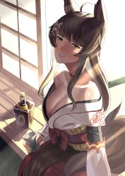 Rule 34 | 1girl, absurdres, ahoge, alcohol, animal ears, bare shoulders, black choker, blush, bottle, breasts, brown hair, butterfly hair ornament, choker, cleavage, cup, drunk, fox ears, fox girl, fox tail, fumi (nijisanji), hair ornament, highres, holding, holding cup, japanese clothes, kimono, koiso usu, large breasts, light rays, long hair, long sleeves, looking at viewer, nijisanji, off shoulder, porch, red skirt, sitting, skirt, sliding doors, smile, solo, tail, virtual youtuber, whiskey, white kimono, yellow eyes