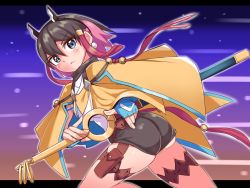 Rule 34 | 1girl, aqua eyes, ass, azure striker gunvolt, black hair, blush, cape, cougar (cougar1404), earrings, expressionless, fighting stance, fingerless gloves, gloves, gradient hair, hair ornament, hairband, hairclip, jewelry, kirin (gunvolt), looking at viewer, multicolored hair, pink hair, ready to draw, red hair, sheath, sheathed, shiny clothes, shiny skin, short hair, short shorts, shorts, solo, sword, thigh strap, weapon