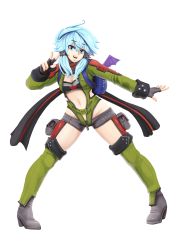 Rule 34 | 1girl, aqua hair, backpack, bag, barbariank, blue eyes, boots, breasts, center opening, choujigen game neptune, detached leggings, fingerless gloves, full body, fusion, gloves, green legwear, hair tubes, highres, medium breasts, navel, neptune (series), nippon ichi (neptunia), pigeon-toed, pouch, scarf, short hair, short shorts, short twintails, shorts, sinon, solo, sports bra, standing, sword art online, thigh pouch, transparent background, twintails, unzipped, v