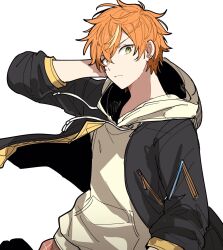 Rule 34 | 1boy, arms behind head, black jacket, blonde hair, commentary request, drawstring, earrings, green eyes, highres, hood, hood down, hoodie, hoshi-toge, jacket, jewelry, looking at viewer, male focus, multicolored hair, orange hair, project sekai, shinonome akito, simple background, solo, streaked hair, upper body, white background, white hoodie