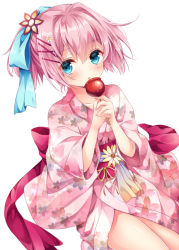 Rule 34 | 10s, 1girl, alternate costume, blue eyes, blush, candy apple, collarbone, commentary request, eyebrows, floral print, food, hair between eyes, hair ornament, hair ribbon, holding, japanese clothes, kantai collection, kimono, looking at viewer, no panties, nogi takayoshi, obi, pink hair, pink kimono, ponytail, ribbon, sash, shiranui (kancolle), simple background, solo, tongue, tongue out, white background, yukata