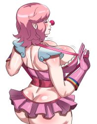 Rule 34 | 1girl, ace attorney, ass, blush, breasts, butt crack, cleavage, clothes, clown, clown girl, dimples of venus, elbow gloves, closed eyes, female focus, geiru toneido, gloves, highres, large breasts, looking back, medium hair, open mouth, panties, phoenix wright: ace attorney - spirit of justice, pink hair, simple background, skirt, solo, underwear, white background, ytrall