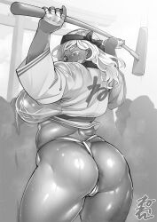 Rule 34 | 1girl, ass, breasts, crowd, curvy, fundoshi, headband, huge ass, huge breasts, japanese clothes, kimono, long hair, mallet, neone, original, ribbon, solo, sweat, thick thighs, thighs, wet, wet clothes