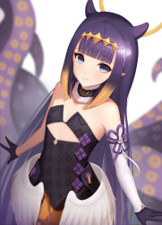 Rule 34 | 1girl, abeen jhong, absurdres, animal ears, black dress, black gloves, blue eyes, blunt bangs, blurry, blurry background, brown hair, closed mouth, commentary request, depth of field, detached sleeves, dress, feathered wings, gloves, gradient hair, half gloves, halo, highres, hololive, hololive english, long hair, looking at viewer, low wings, multicolored hair, ninomae ina&#039;nis, ninomae ina&#039;nis (1st costume), pointy ears, purple hair, simple background, single detached sleeve, smile, solo, strapless, strapless dress, suction cups, tentacles, very long hair, virtual youtuber, white background, white sleeves, white wings, wings